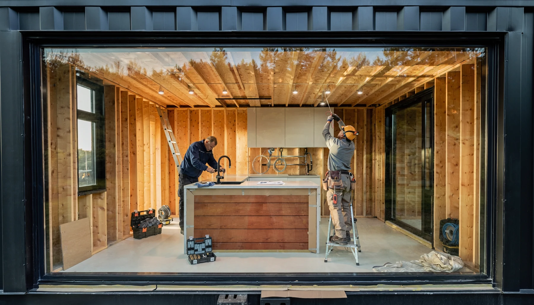 Acabamento interno de casa container em execução